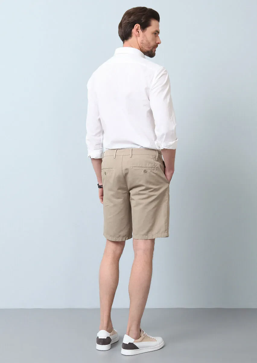 Beige Weaving Regular Fit Casual Cotton Blended Bermuda - 5