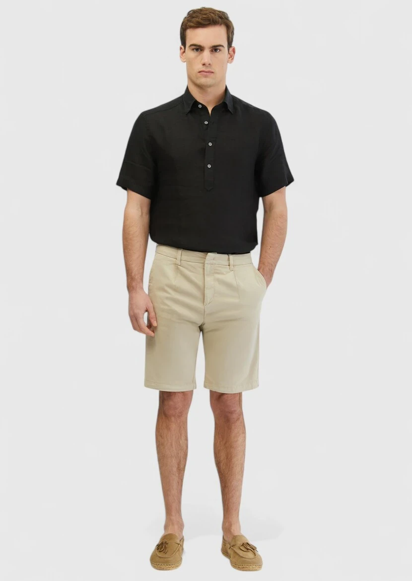 Beige Weaving Regular Fit Casual Cotton Blended Bermuda - RAMSEY