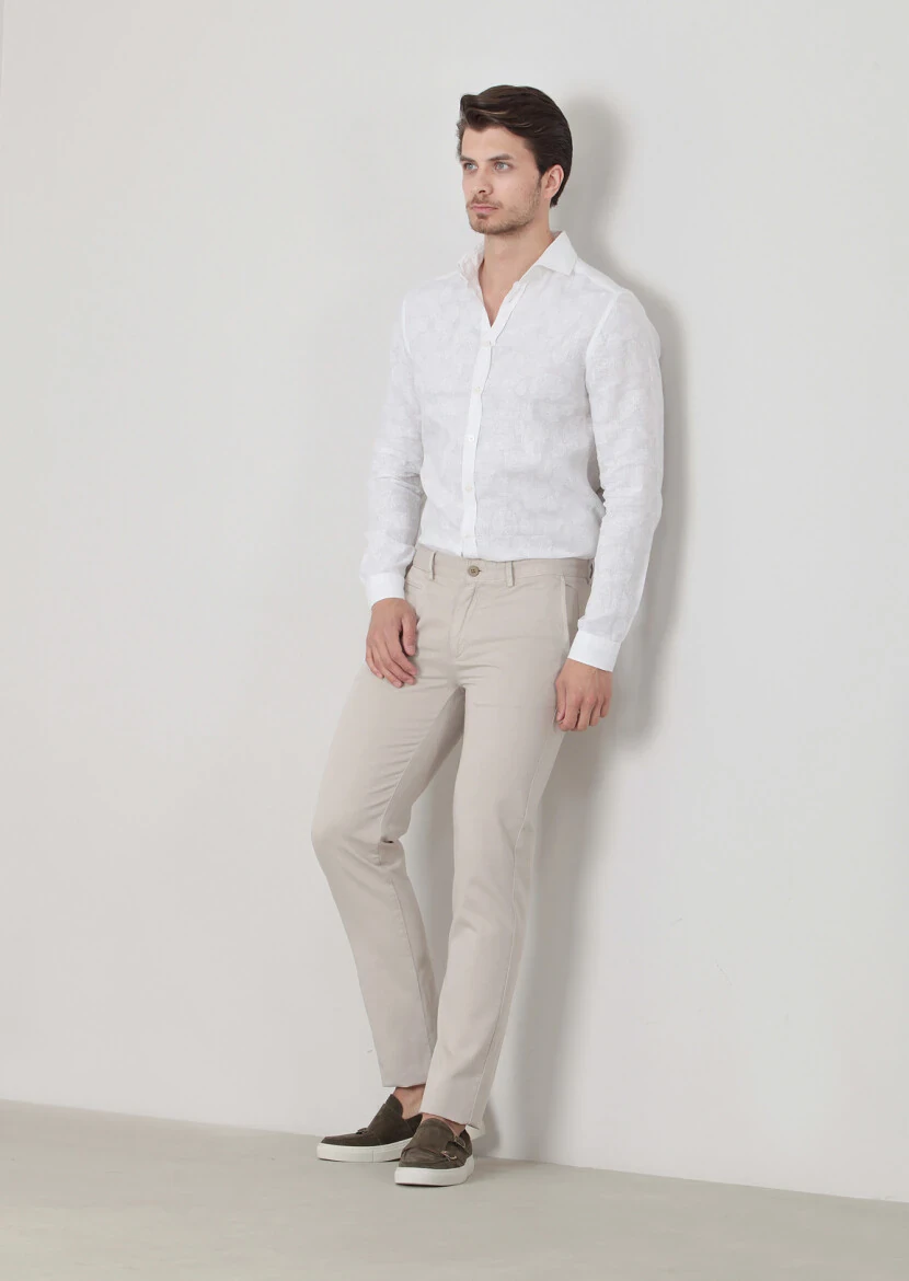 Beige Weaving Regular Fit Casual Cotton Blended Trousers - 2