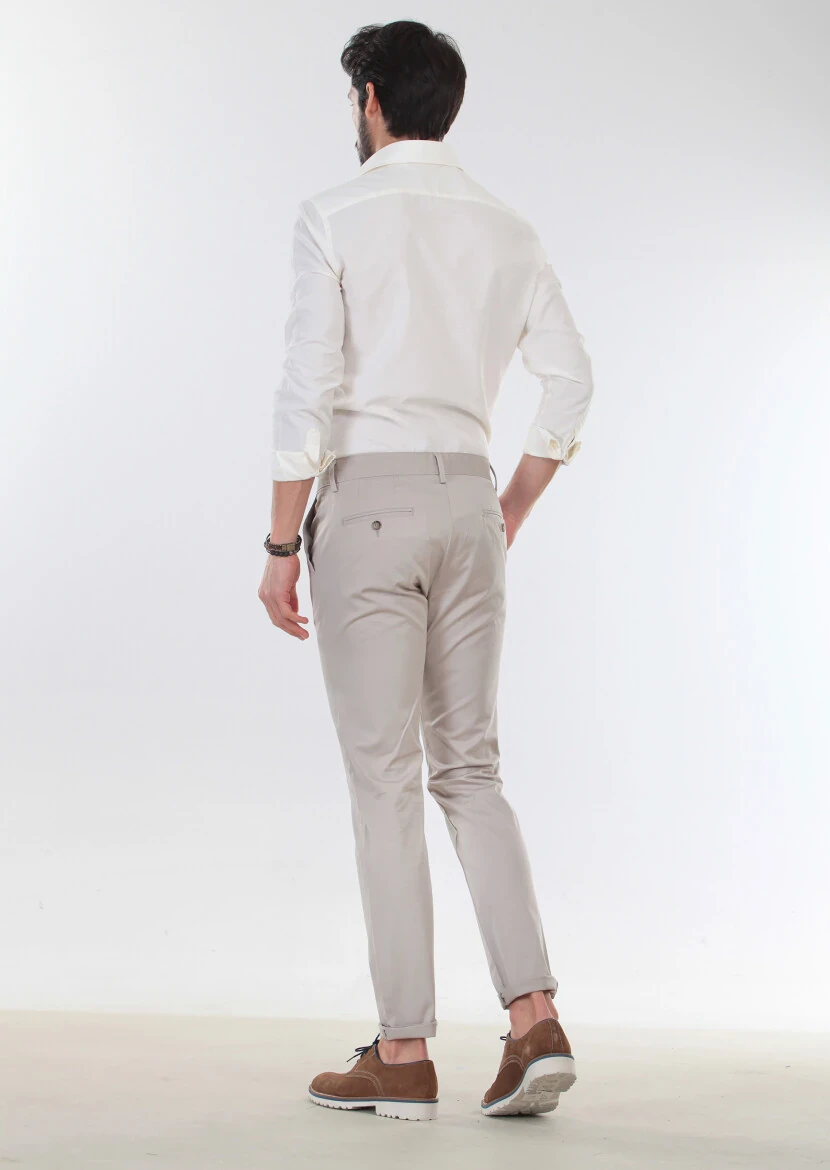 Beige Weaving Regular Fit Casual Cotton Blended Trousers 