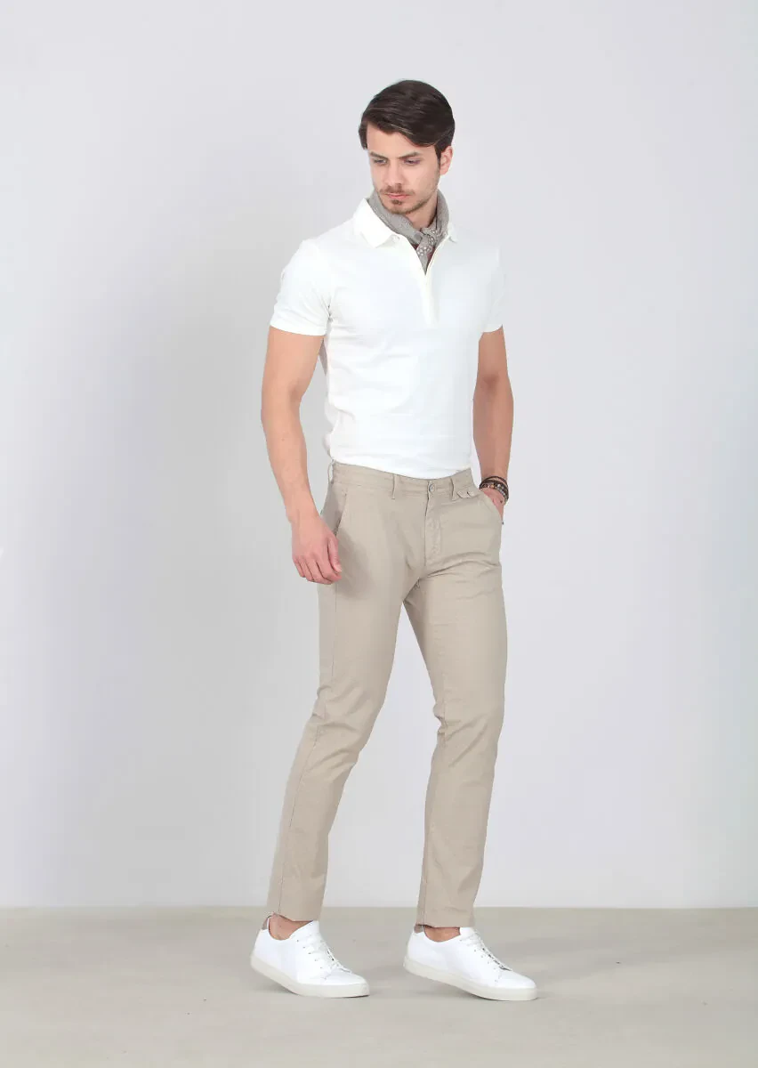 Beige Weaving Regular Fit Casual Cotton Blended Trousers - 2