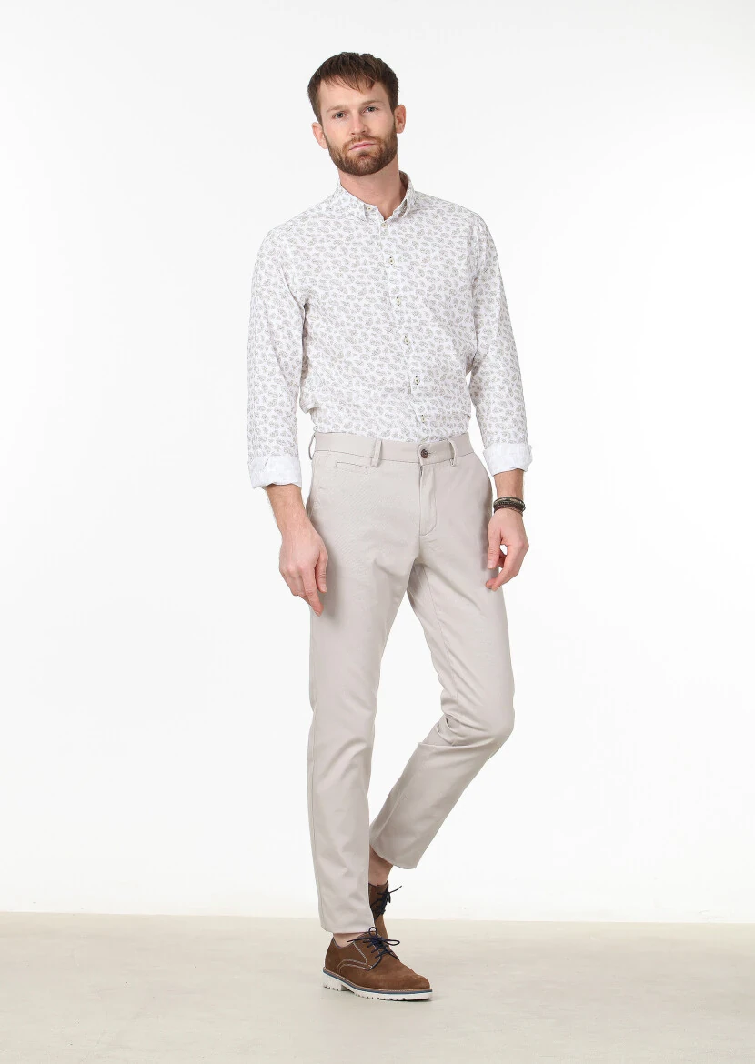 Beige Weaving Regular Fit Casual Cotton Blended Trousers - 1