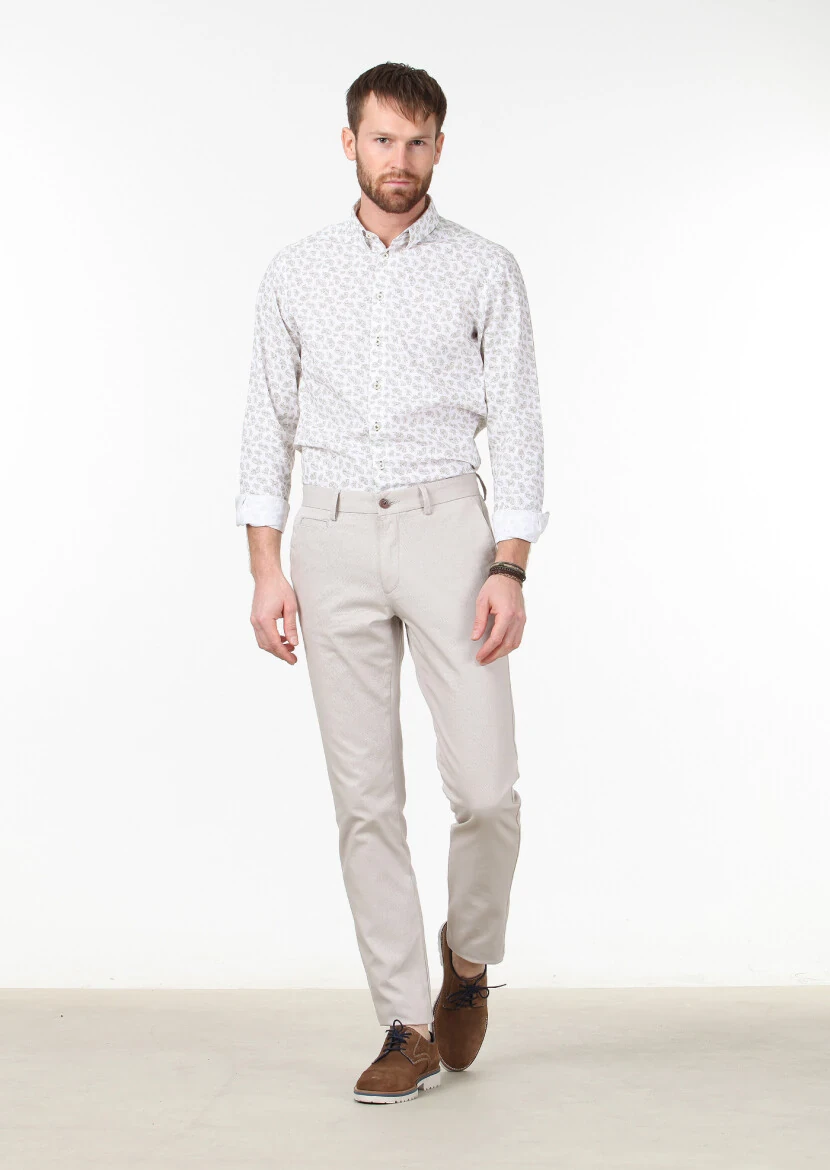 Beige Weaving Regular Fit Casual Cotton Blended Trousers 