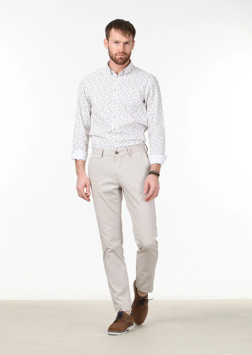 Beige Weaving Regular Fit Casual Cotton Blended Trousers - 2