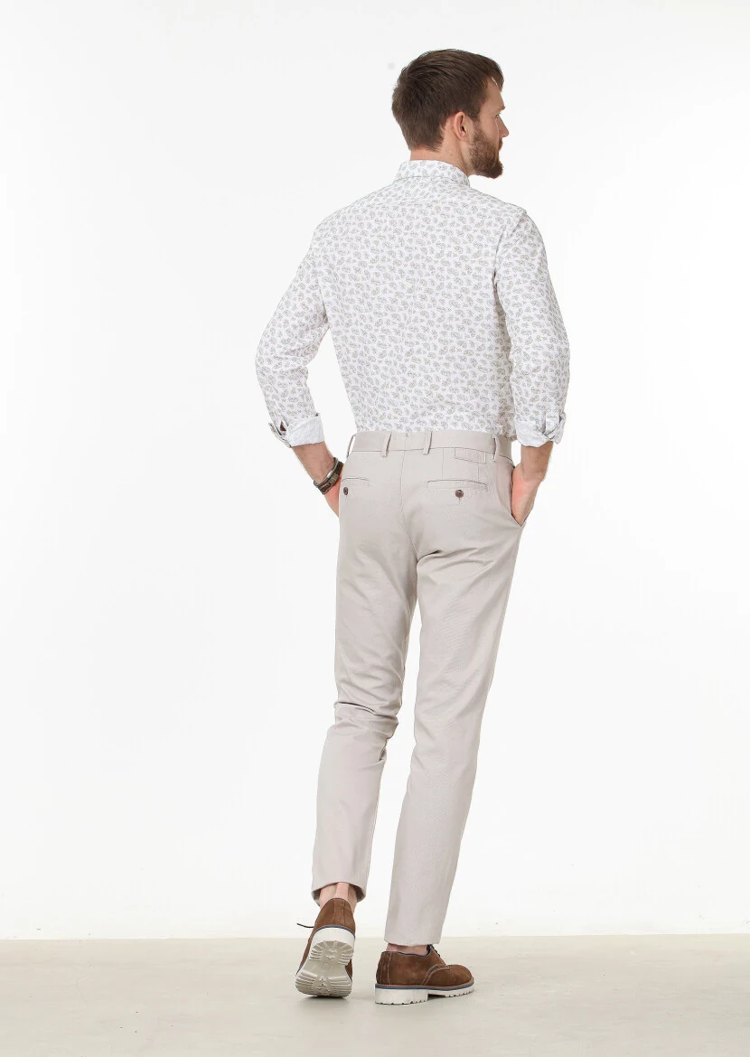 Beige Weaving Regular Fit Casual Cotton Blended Trousers - 4