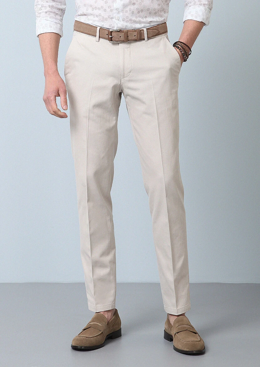 Beige Weaving Regular Fit Smart Casual Cotton Blended Trousers 