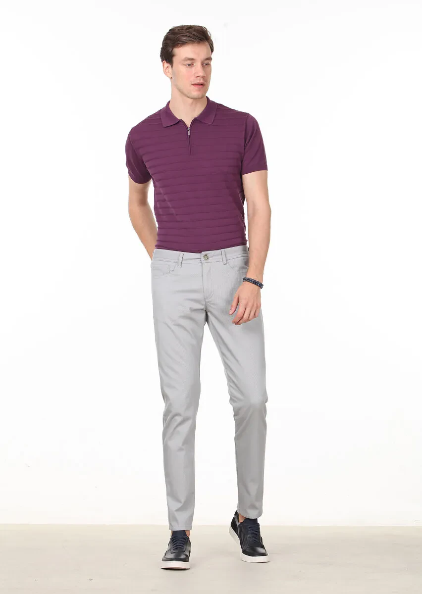 Beige Weaving Slim Fit Casual 100% Cotton Trousers - 1