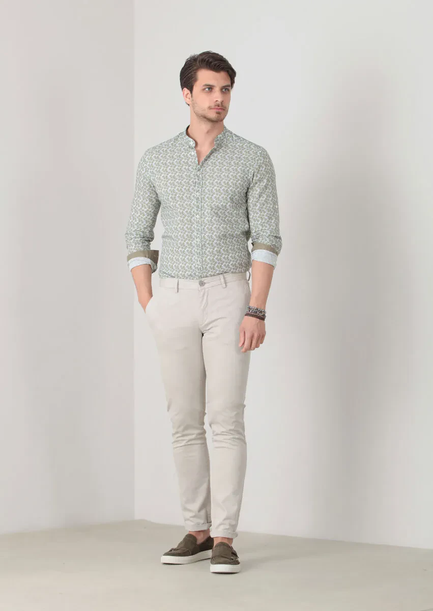 Beige Weaving Slim Fit Casual Cotton Blended Trousers - 1