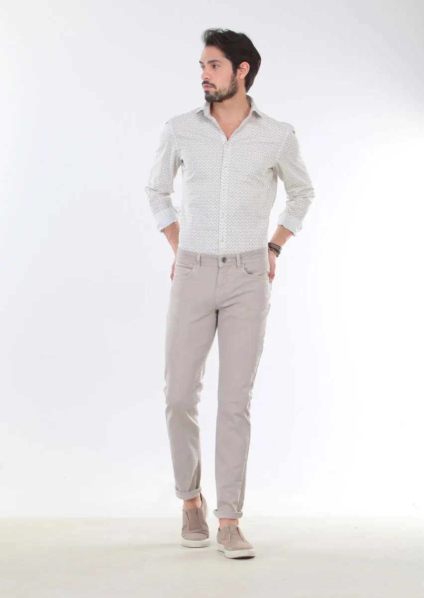 Beige Weaving Slim Fit Casual Cotton Blended Trousers - 3