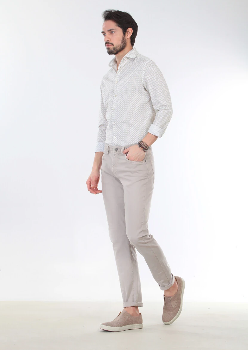 Beige Weaving Slim Fit Casual Cotton Blended Trousers - 4