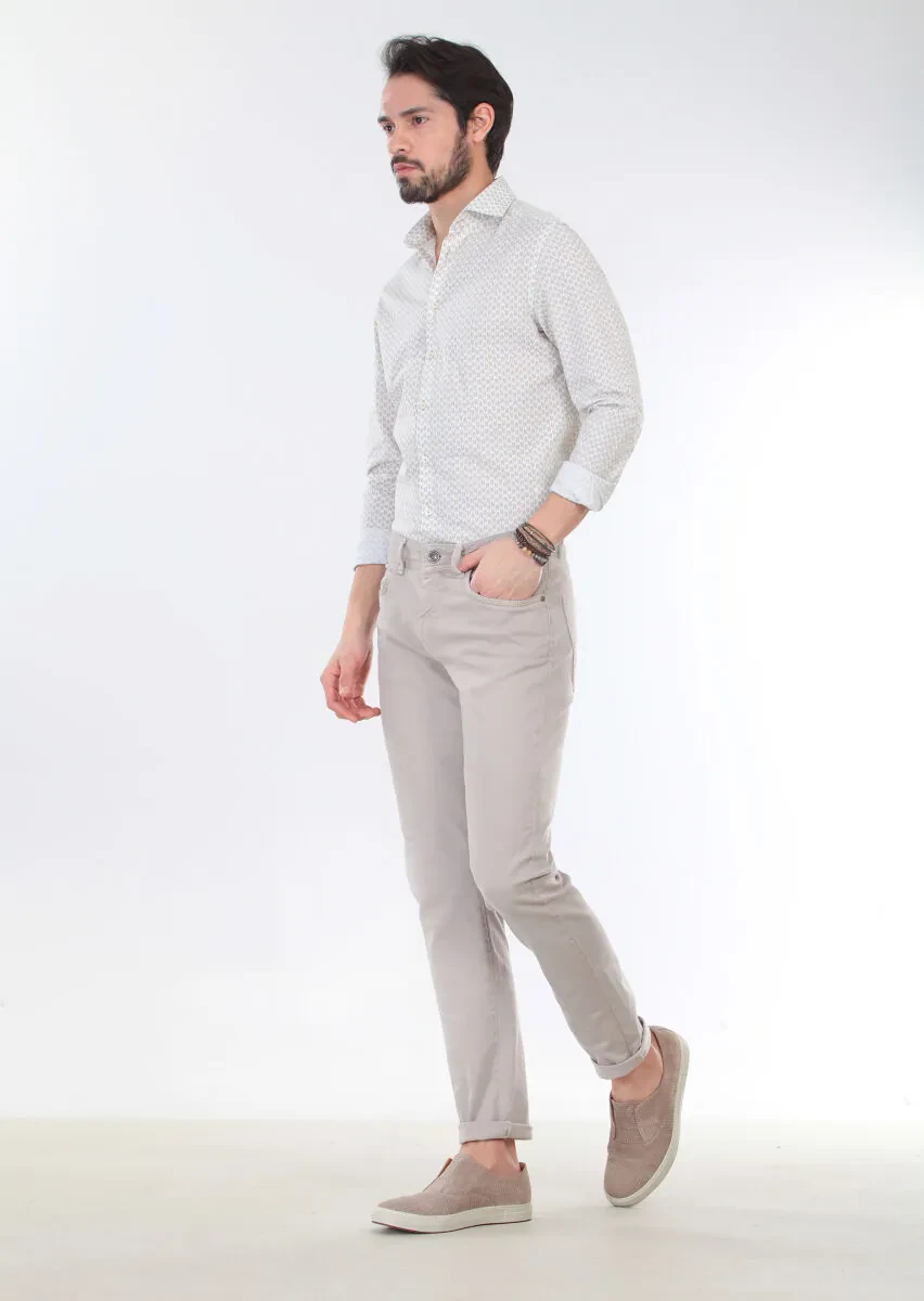 Beige Weaving Slim Fit Casual Cotton Blended Trousers - 4