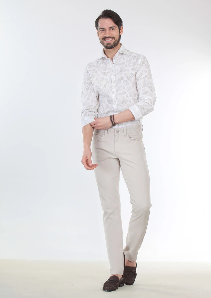 Beige Weaving Slim Fit Casual Cotton Blended Trousers - 1
