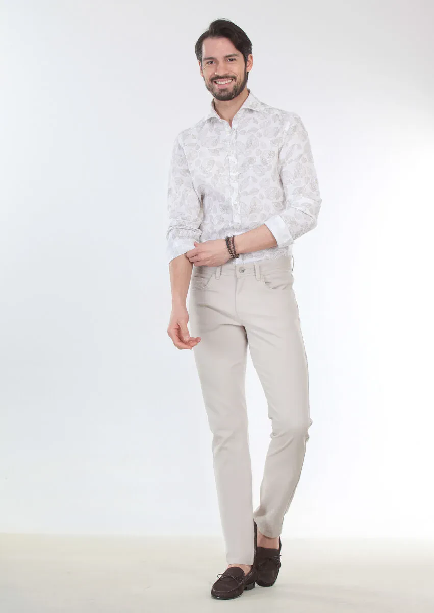 Beige Weaving Slim Fit Casual Cotton Blended Trousers - 1
