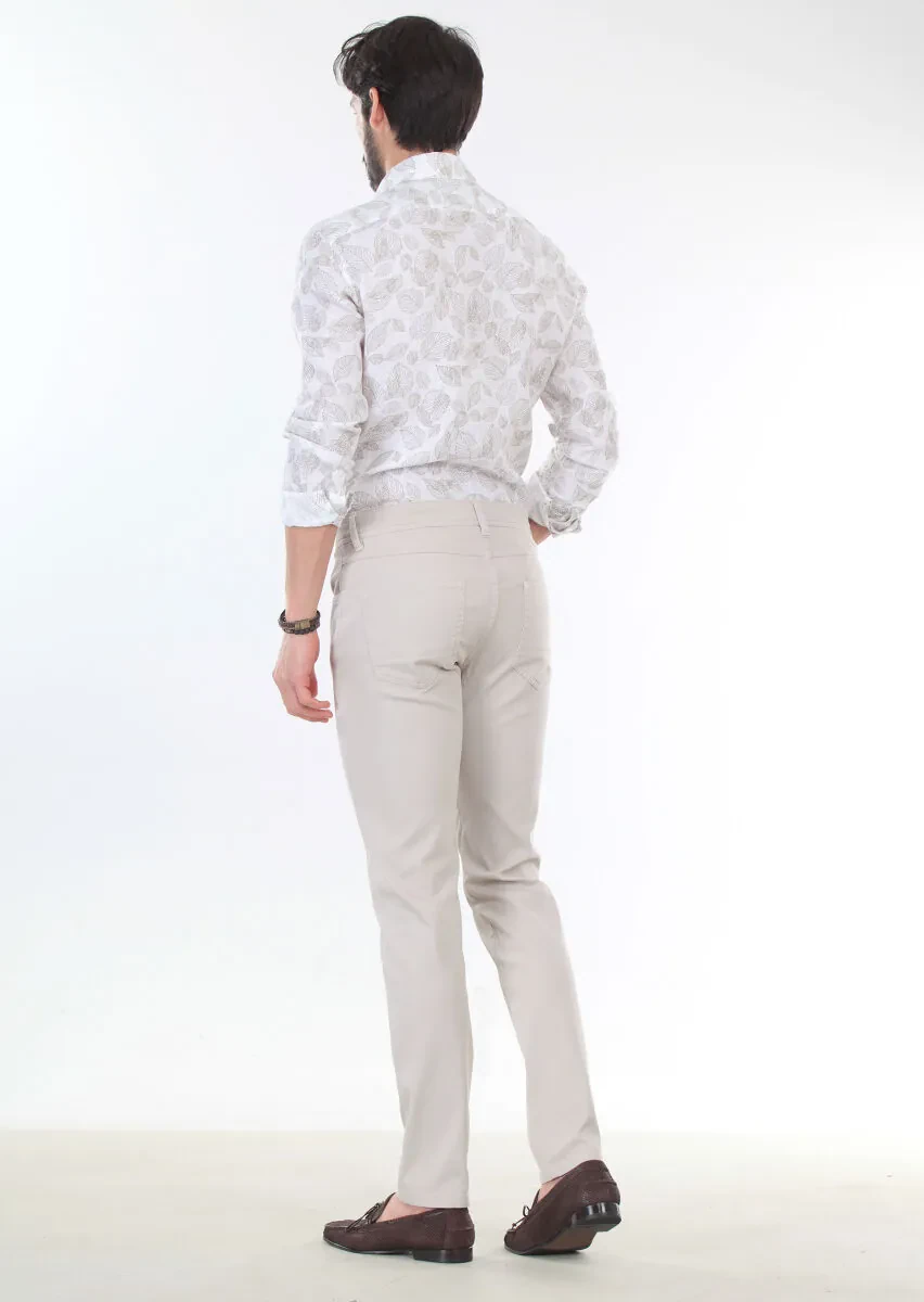 Beige Weaving Slim Fit Casual Cotton Blended Trousers - 2