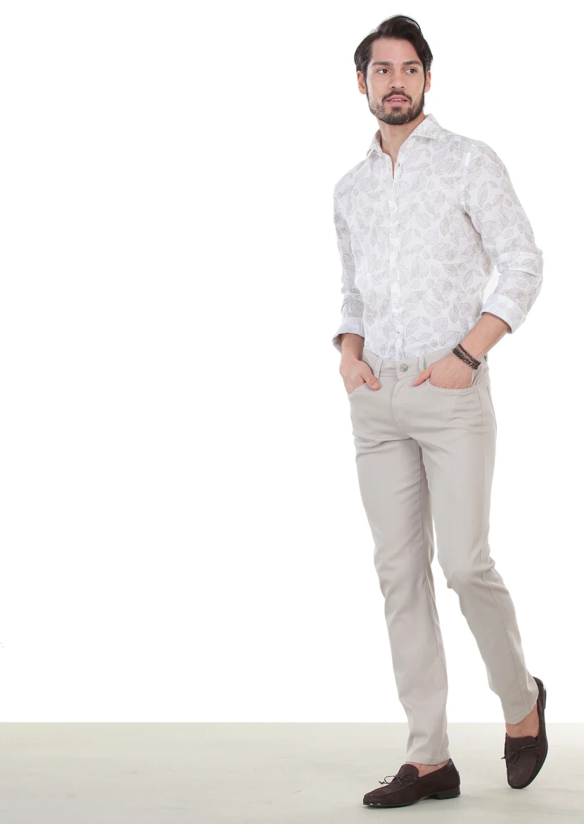 Beige Weaving Slim Fit Casual Cotton Blended Trousers - 3