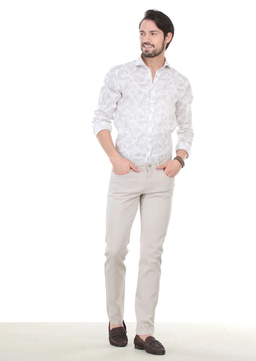 Beige Weaving Slim Fit Casual Cotton Blended Trousers - 4