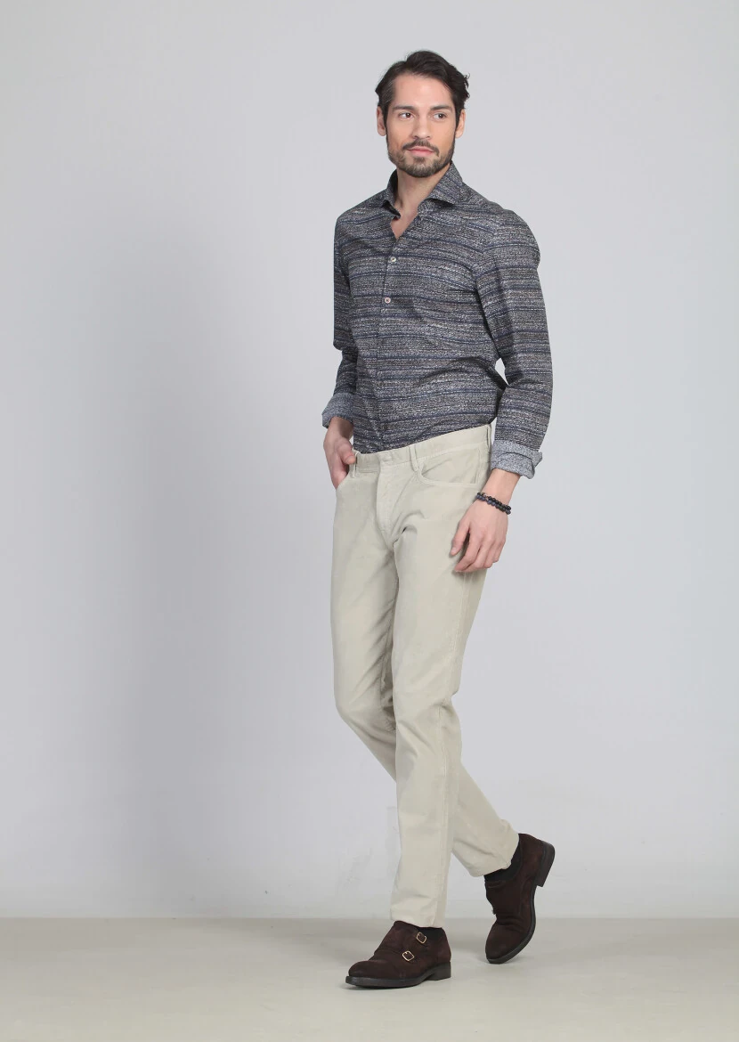 Beige Weaving Slim Fit Casual Cotton Blended Trousers - 3