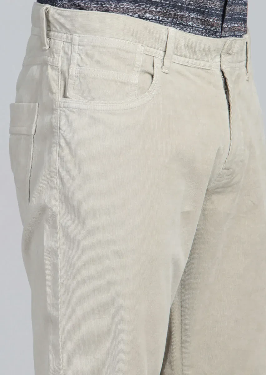Beige Weaving Slim Fit Casual Cotton Blended Trousers - 4