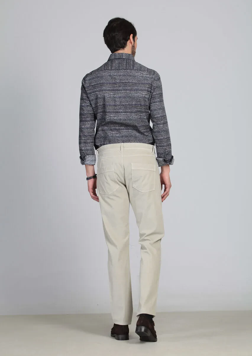 Beige Weaving Slim Fit Casual Cotton Blended Trousers - 5