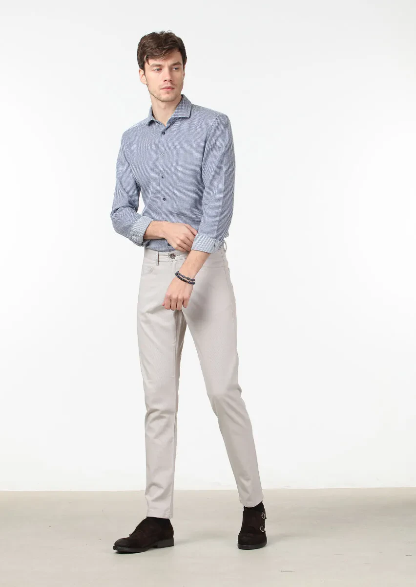 Beige Weaving Slim Fit Casual Cotton Blended Trousers - 1