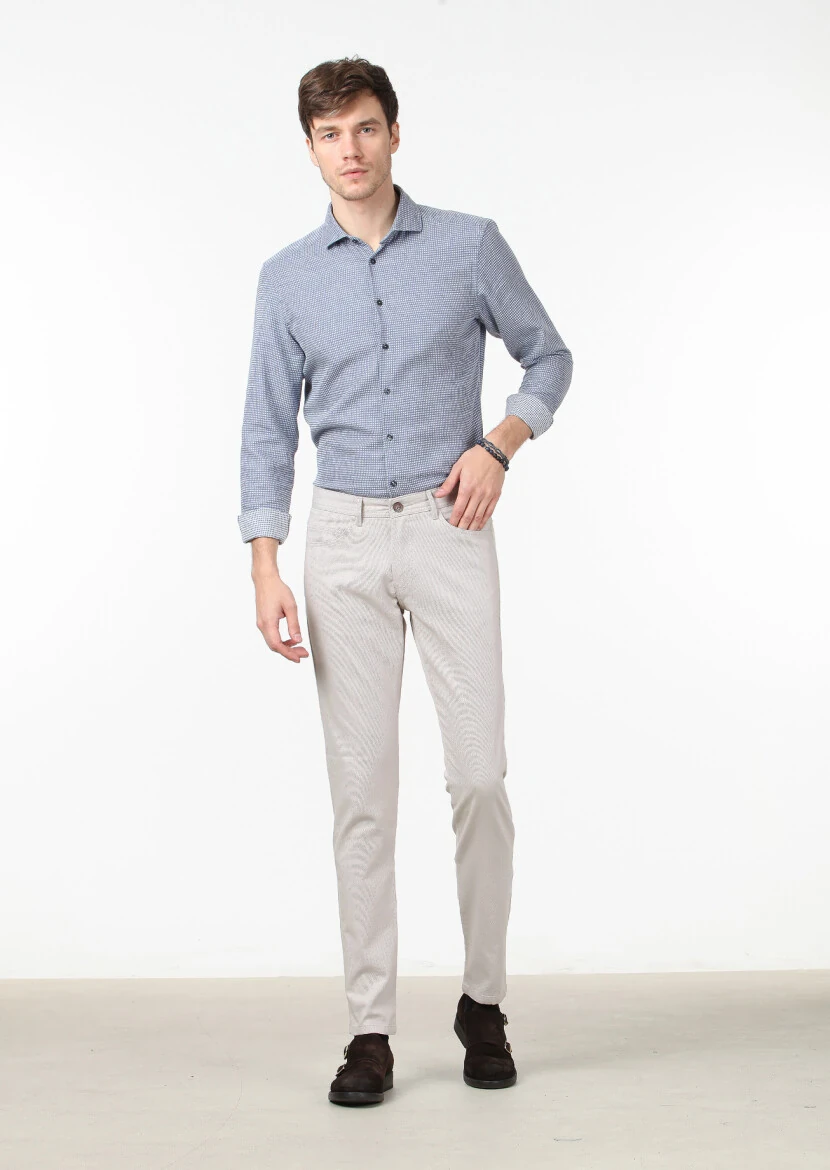 Beige Weaving Slim Fit Casual Cotton Blended Trousers 