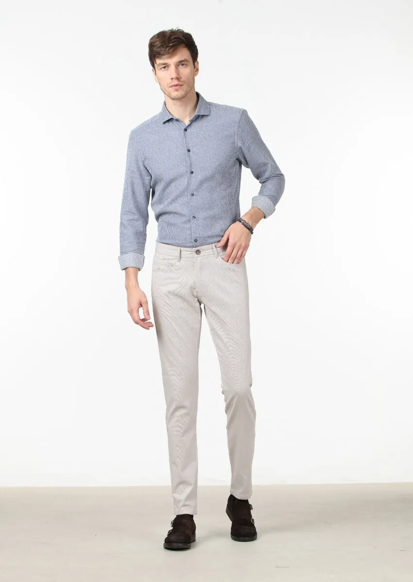 Beige Weaving Slim Fit Casual Cotton Blended Trousers - 2