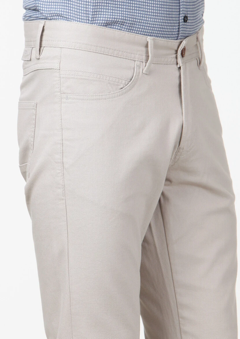 Beige Weaving Slim Fit Casual Cotton Blended Trousers - 3