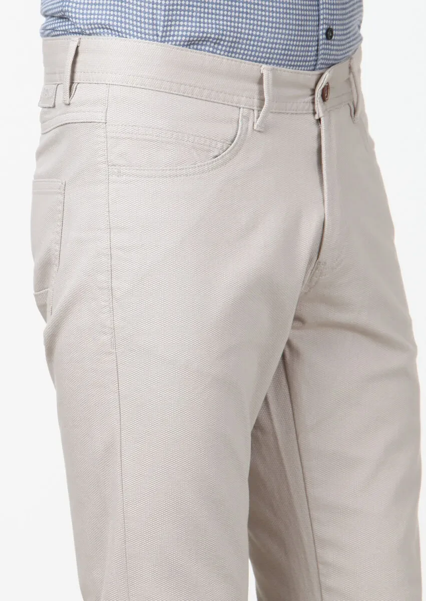 Beige Weaving Slim Fit Casual Cotton Blended Trousers - 3