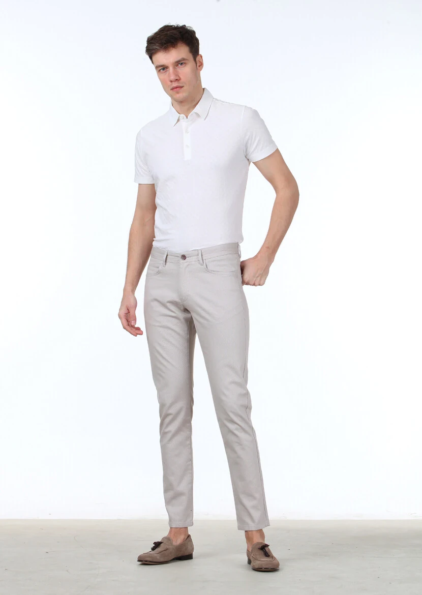 Beige Weaving Slim Fit Casual Cotton Blended Trousers - 1