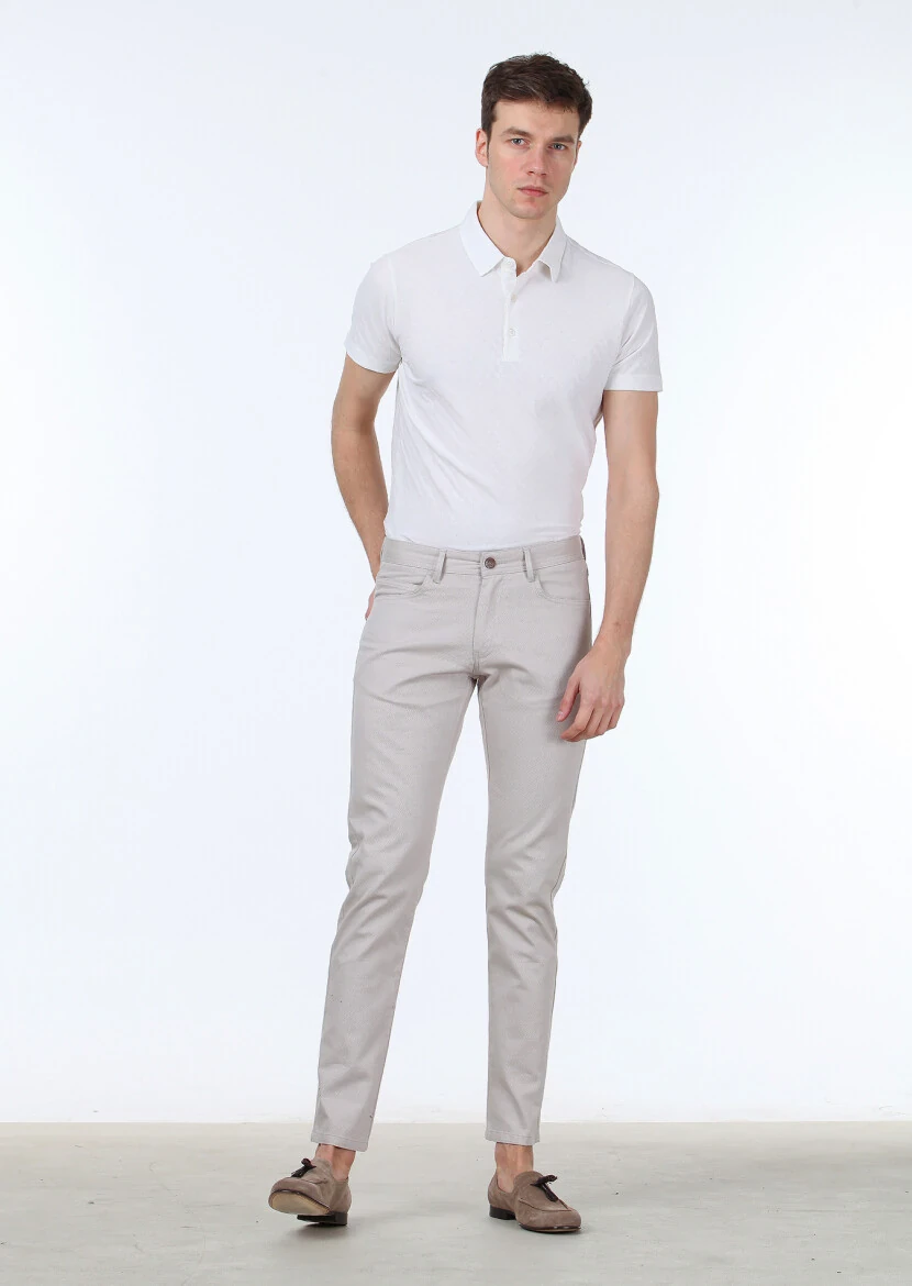 Beige Weaving Slim Fit Casual Cotton Blended Trousers 