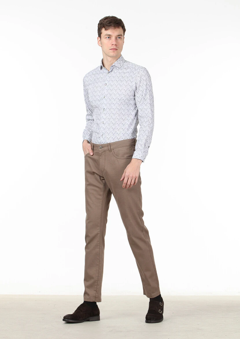 Beige Weaving Slim Fit Casual Cotton Blended Trousers - 1