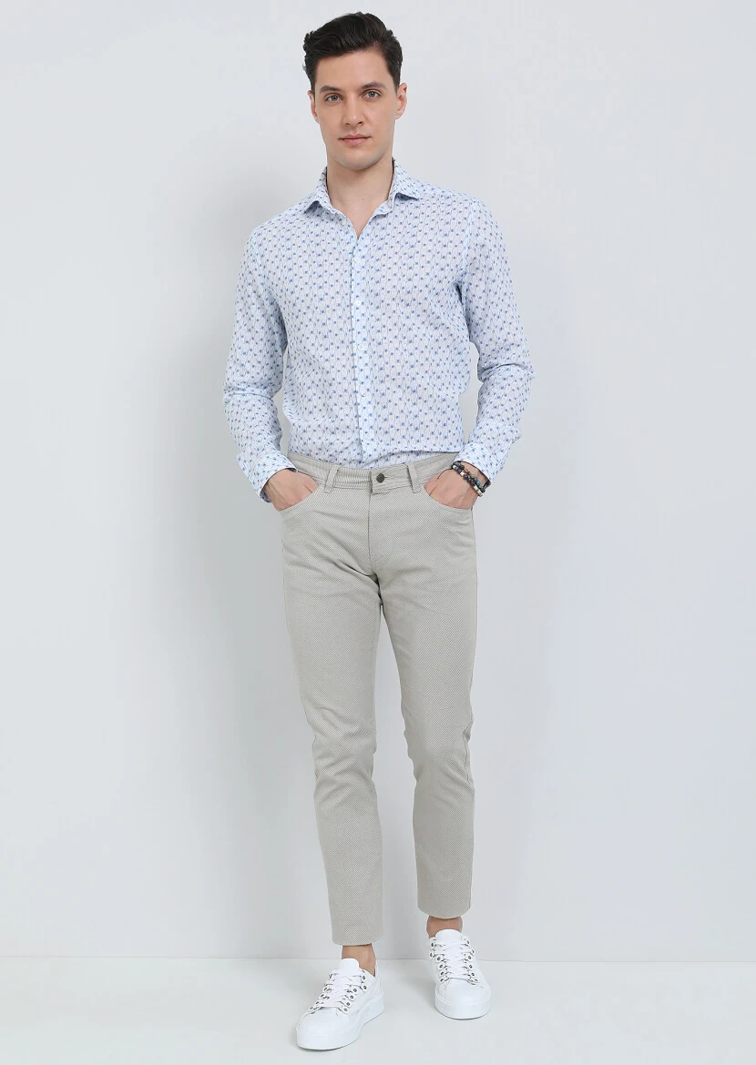 Beige Weaving Slim Fit Casual Cotton Blended Trousers - 1