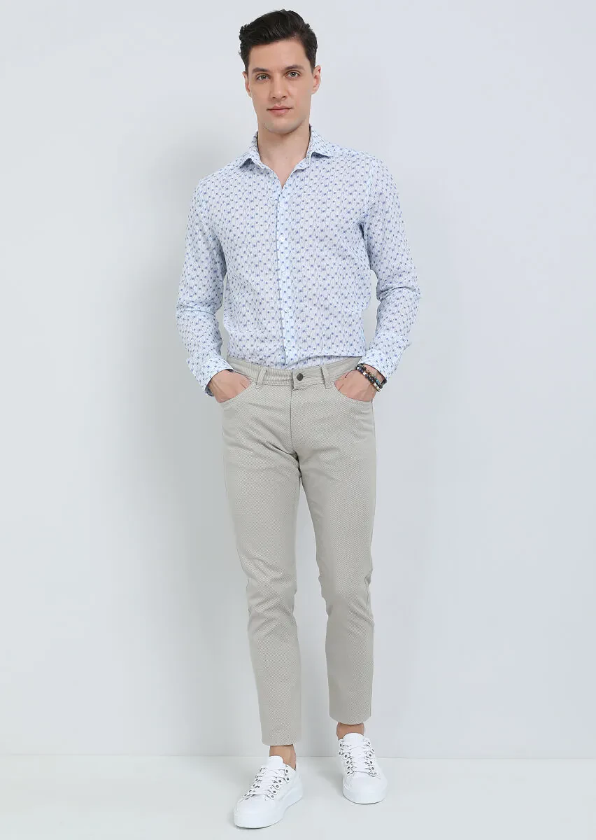 Beige Weaving Slim Fit Casual Cotton Blended Trousers - 1