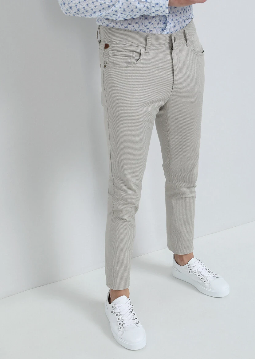 Beige Weaving Slim Fit Casual Cotton Blended Trousers 