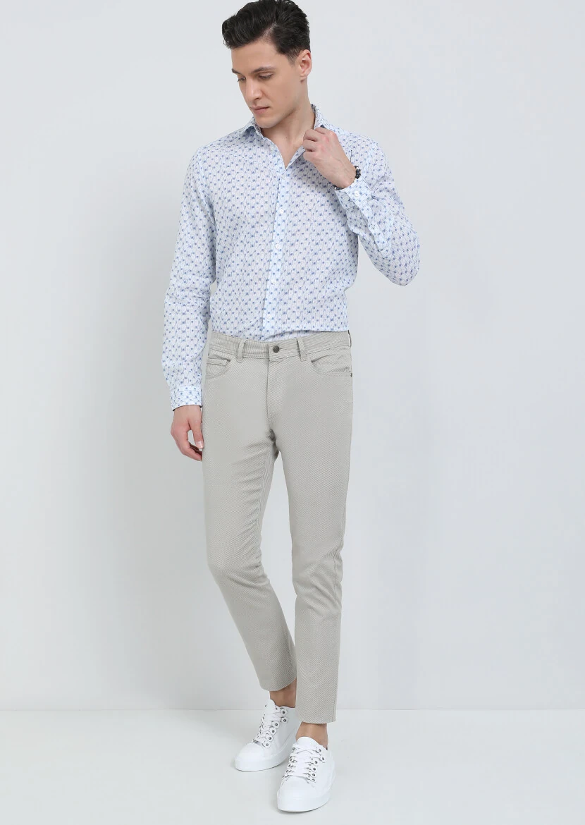 Beige Weaving Slim Fit Casual Cotton Blended Trousers - 4