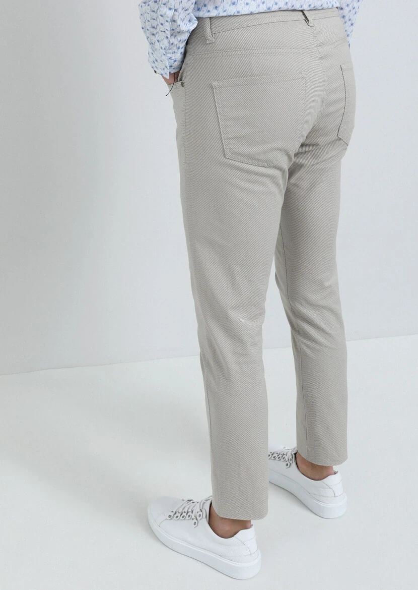 Beige Weaving Slim Fit Casual Cotton Blended Trousers - 5