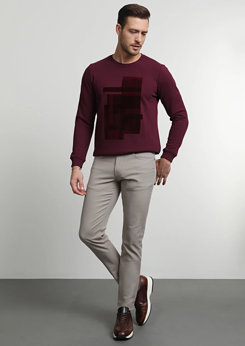 Beige Weaving Slim Fit Casual Cotton Blended Trousers - 1