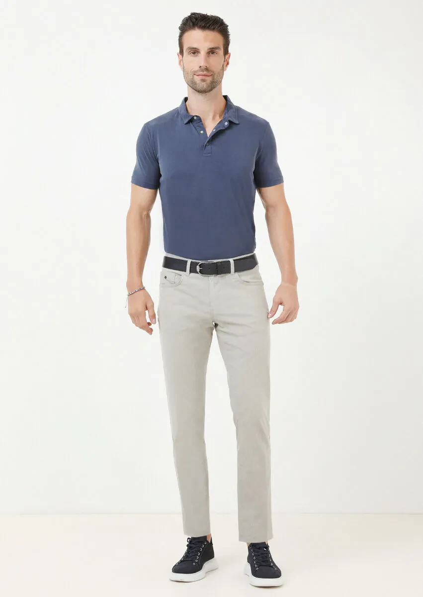 Beige Weaving Slim Fit Casual Cotton Blended Trousers - 1