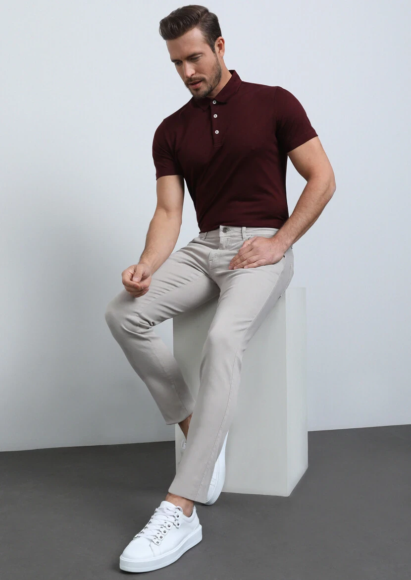 Beige Weaving Slim Fit Casual Cotton Blended Trousers - 1