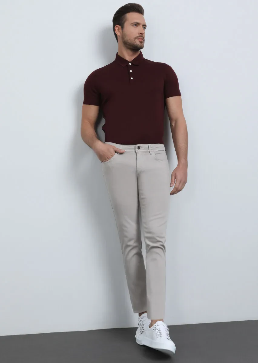 Beige Weaving Slim Fit Casual Cotton Blended Trousers - 4