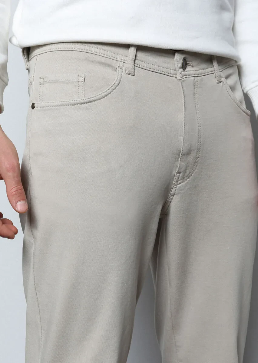 Beige Weaving Slim Fit Casual Cotton Blended Trousers - 2