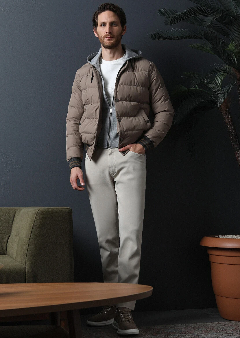 Beige Weaving Slim Fit Casual Cotton Blended Trousers - 4