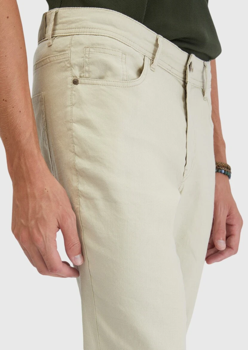 Beige Weaving Slim Fit Casual Linen Blended Trousers - 4