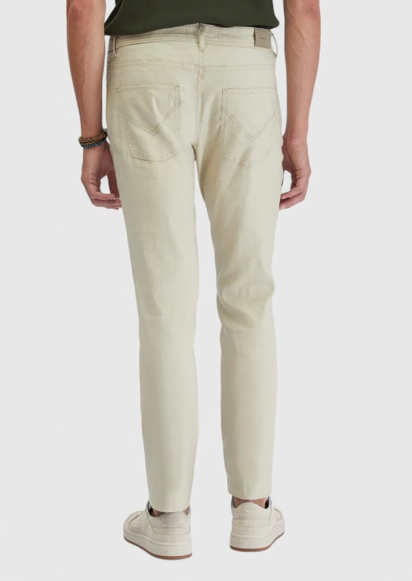 Beige Weaving Slim Fit Casual Linen Blended Trousers - 5