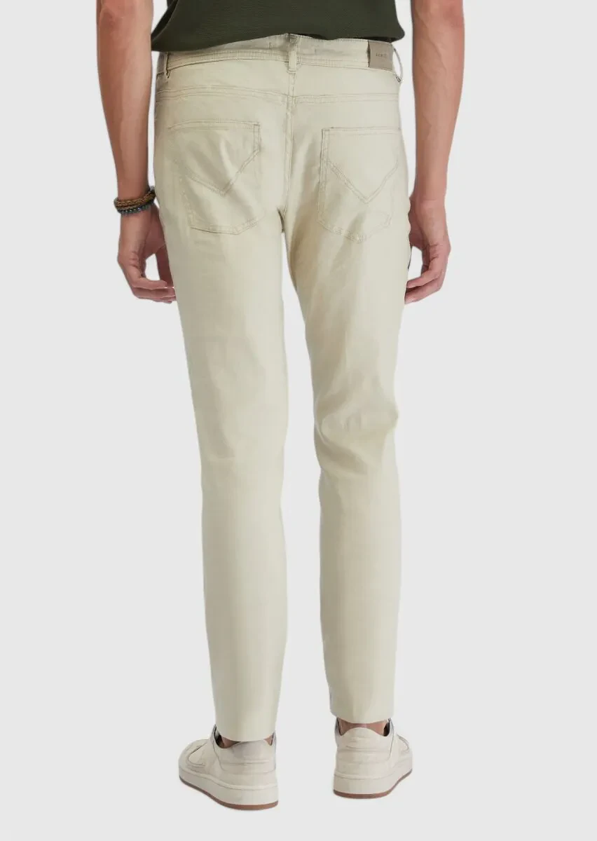 Beige Weaving Slim Fit Casual Linen Blended Trousers - 5