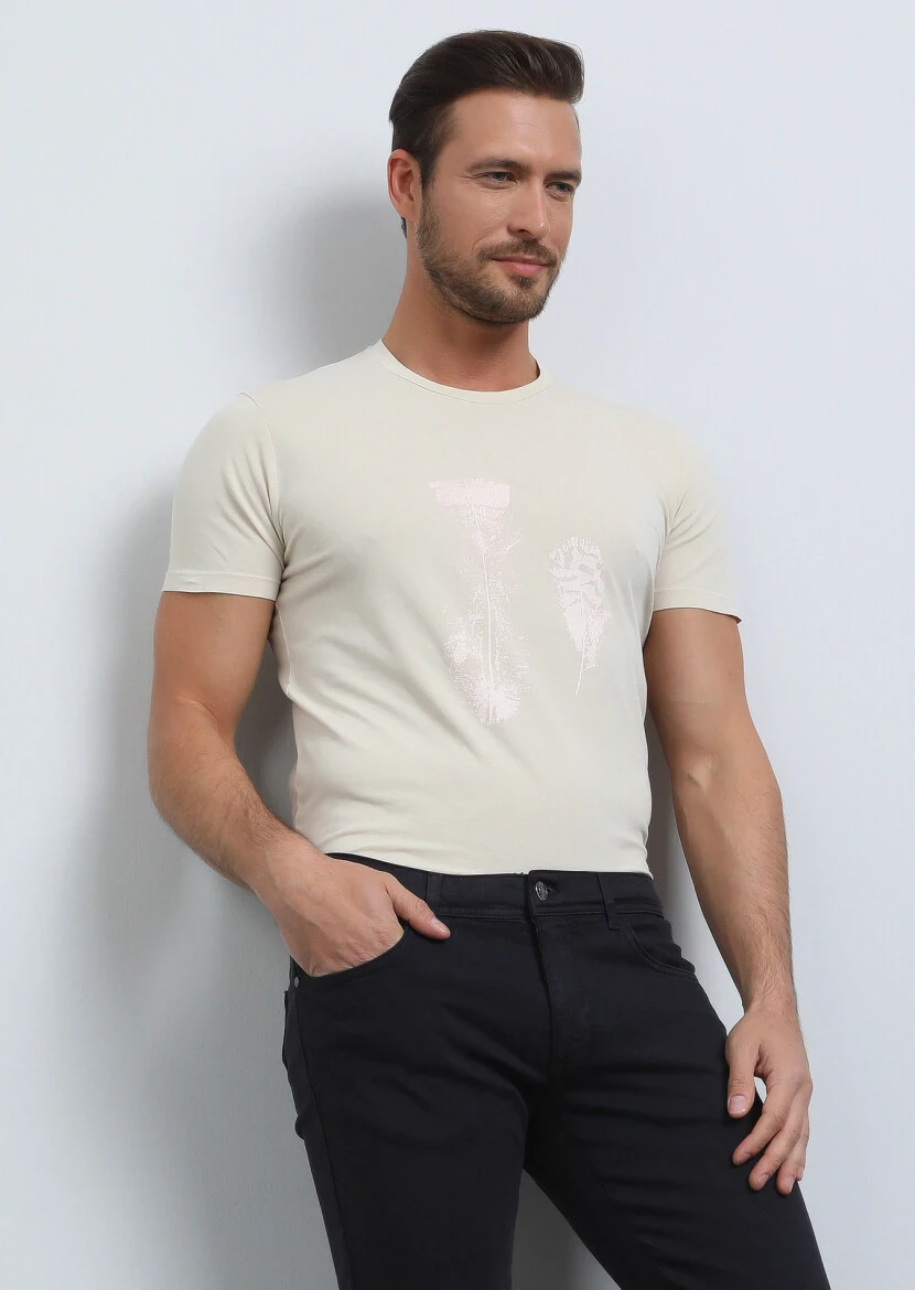 Bej Baskılı %100 Pamuk T-Shirt 