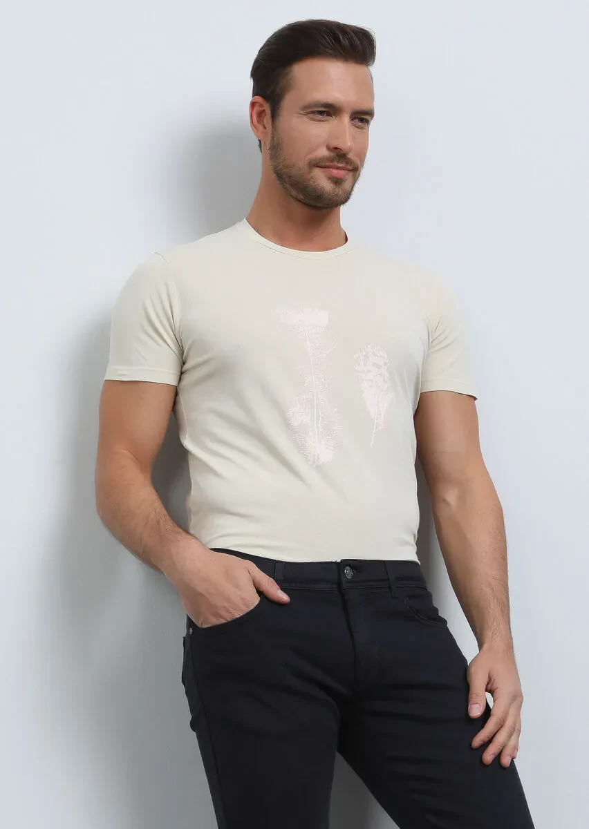 Bej Baskılı %100 Pamuk T-Shirt - 2