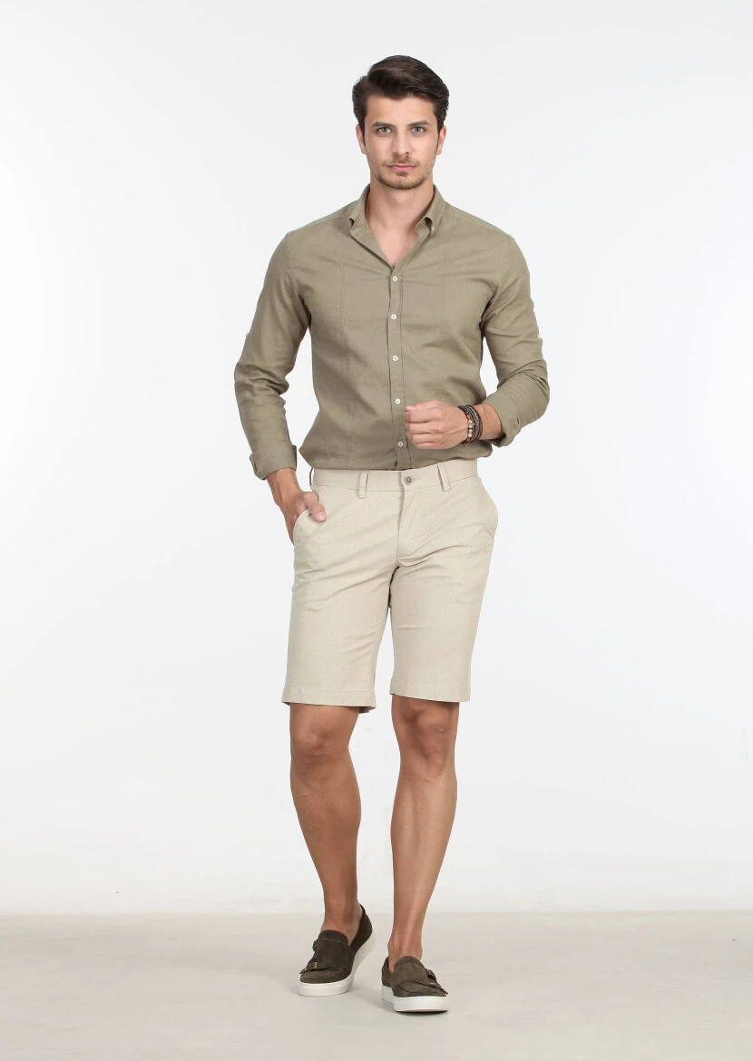 Bej Baskılı Dokuma Regular Fit Casual Pamuk Karışımlı Bermuda - 1