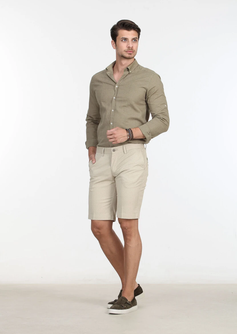 Bej Baskılı Dokuma Regular Fit Casual Pamuk Karışımlı Bermuda - 2