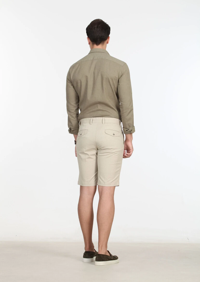 Bej Baskılı Dokuma Regular Fit Casual Pamuk Karışımlı Bermuda - 4